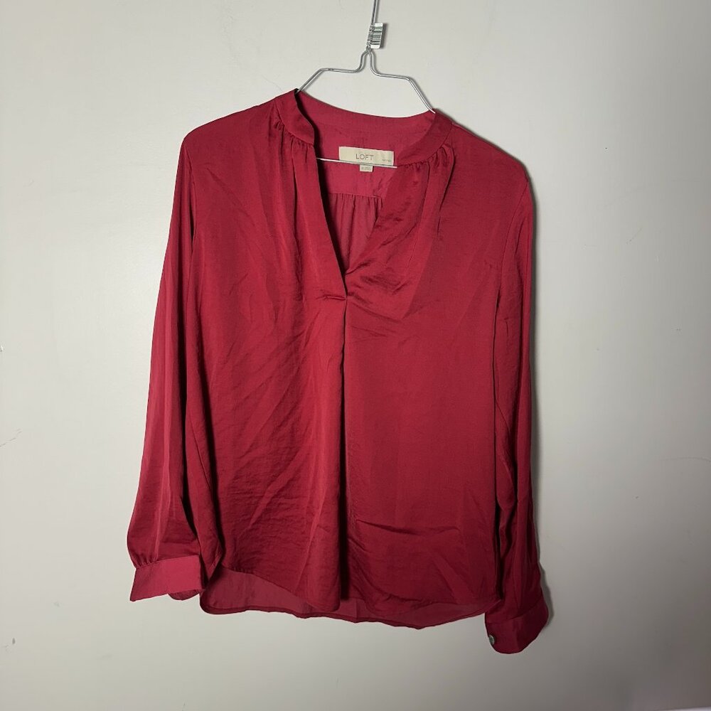 EUC Ann Taylor Loft Maroon Red Burgandy Blouse Shirt Top Womens Petite Small